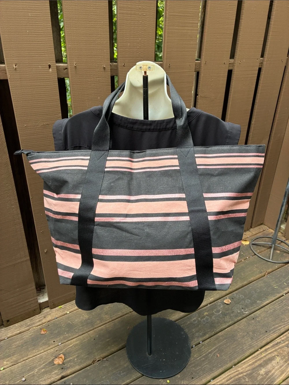 NWT Victoria's Secret Black & Pink Striped Tote Bag